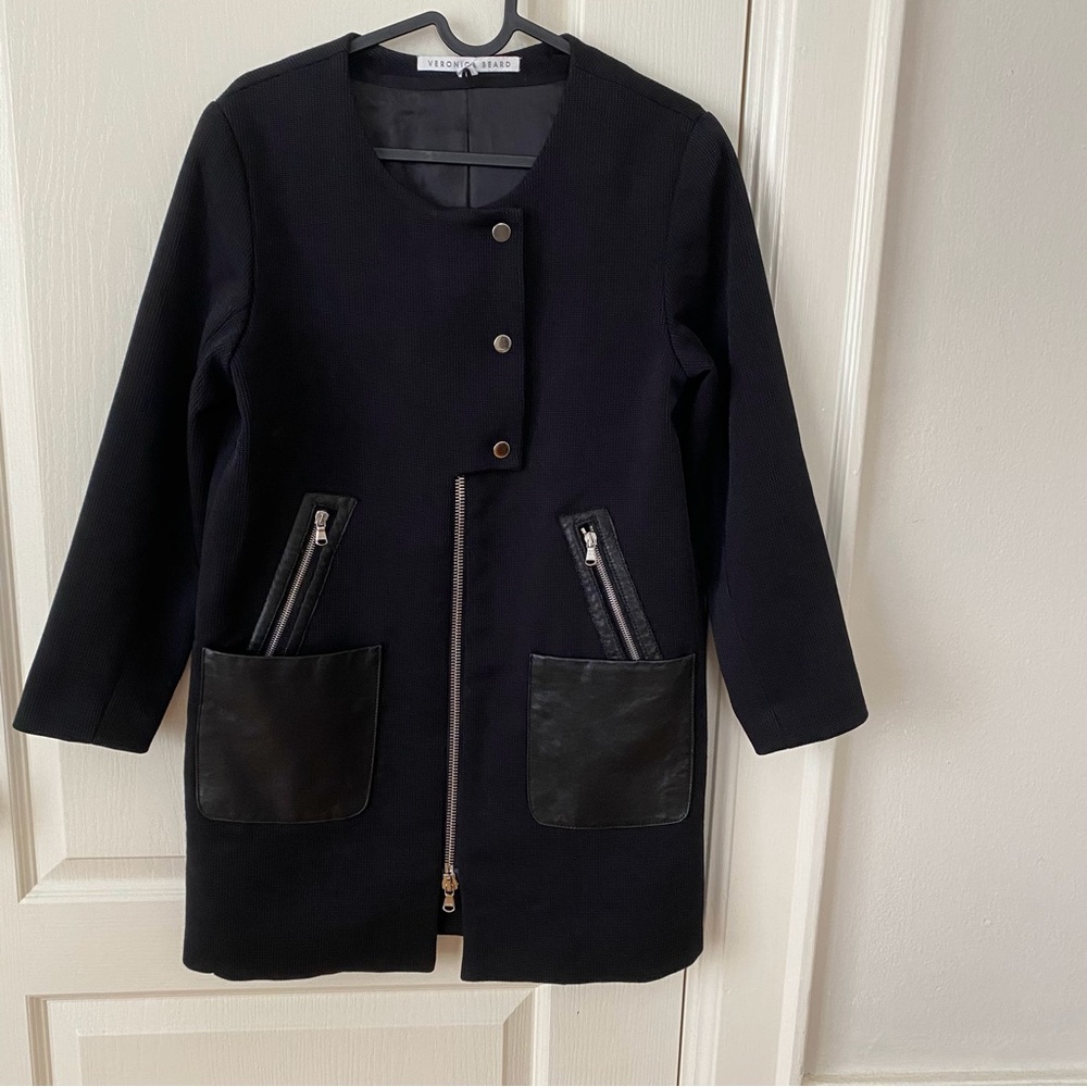 Veronica Beard Black Wool Leather Zip Up Long Dickey Jacket Coat Size 4